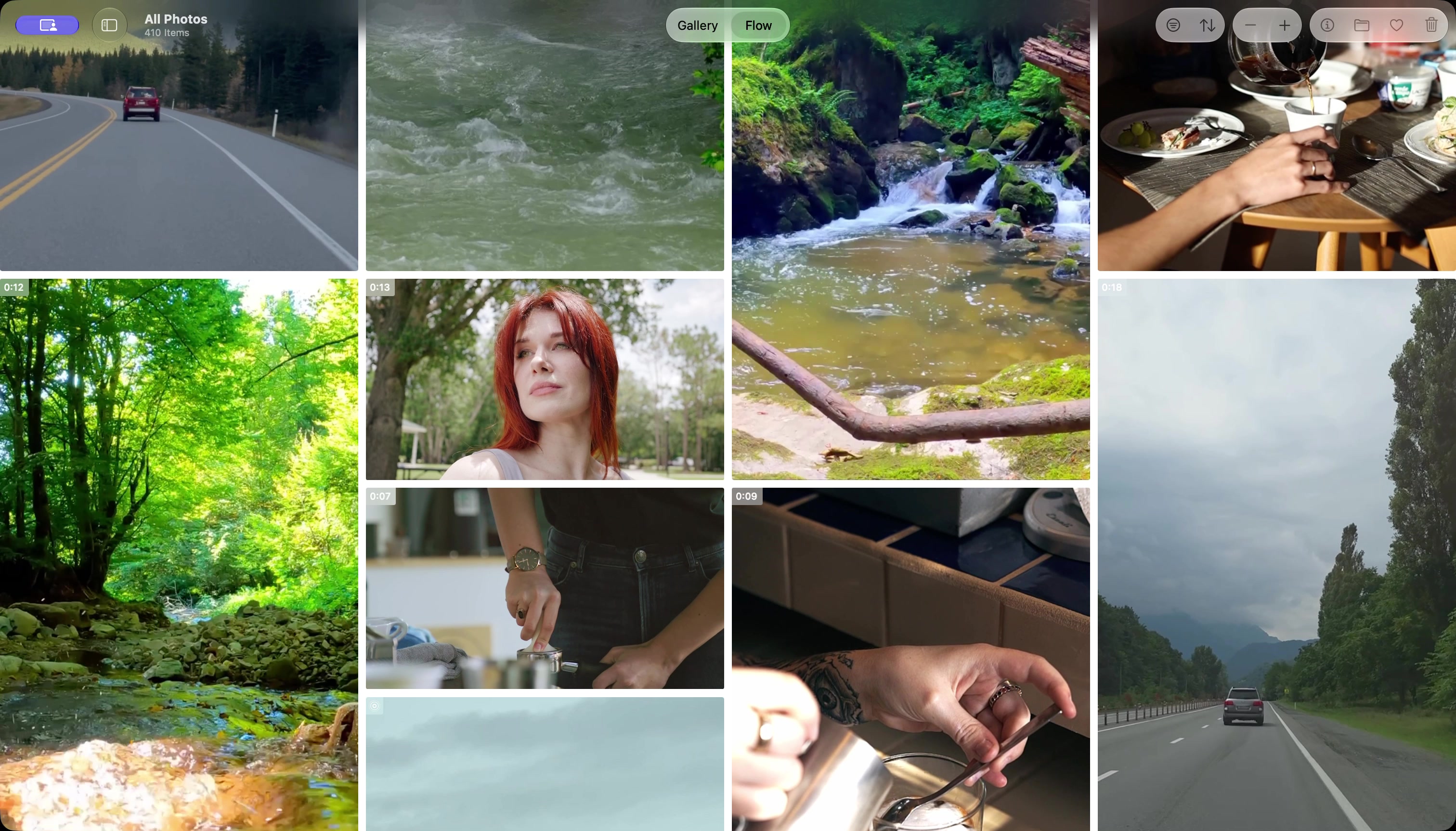 English KeepDrop Flow view with the Flow control selected and photos and videos in a waterfall