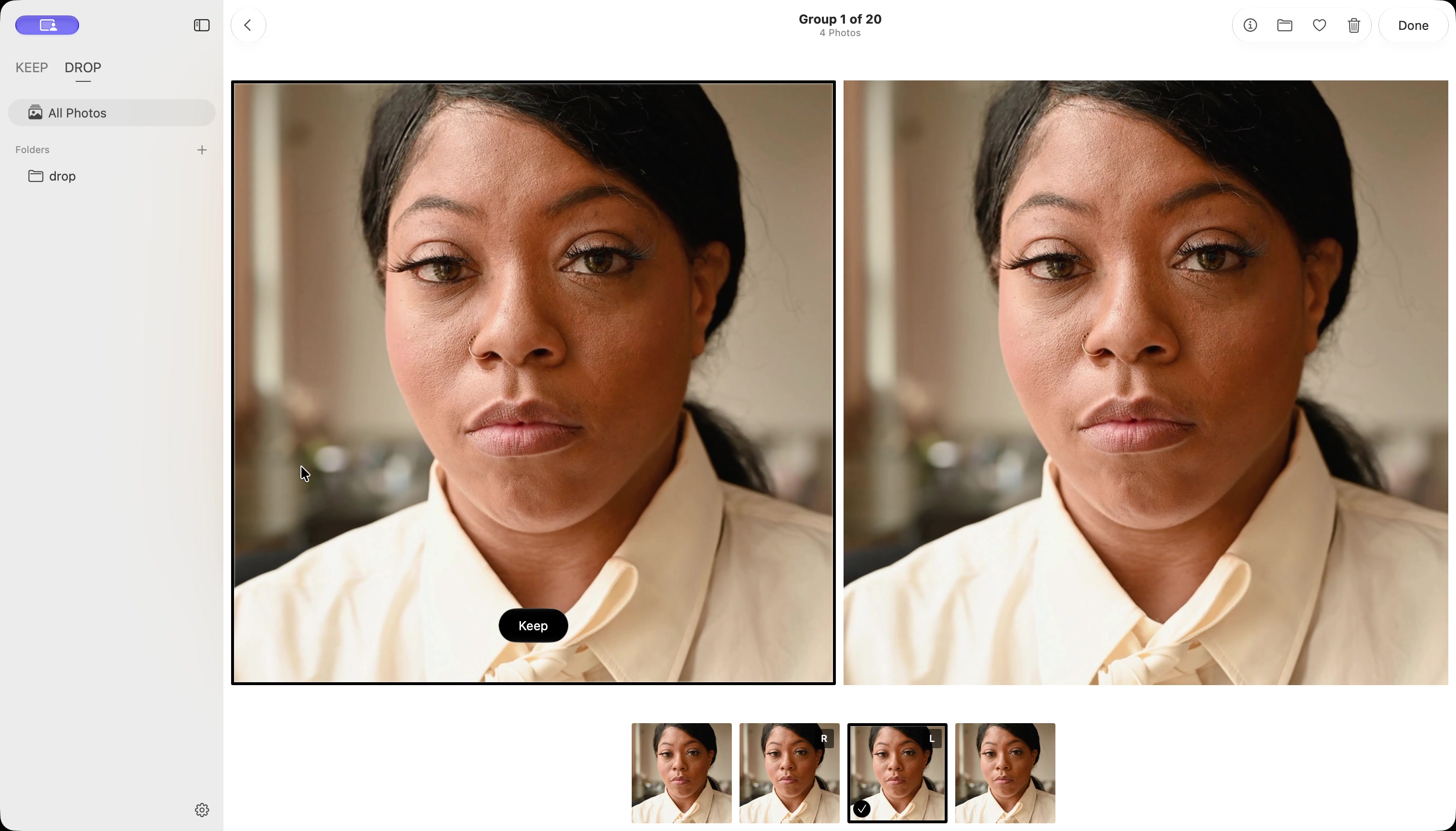 Earlier English Similar capture showing two portraits, Keep, the filmstrip and Done